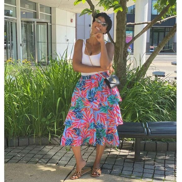 Tabitha Brown for Target Blue/Pink Women's Tropical Tiered Midi Skirt - Picture 1 of 6